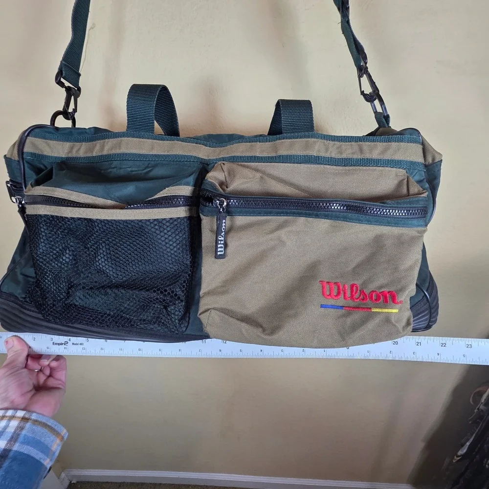 Wilson Duffel Bag Green Tan Multi‎ Pocket Adjustable Strap Sports Travel